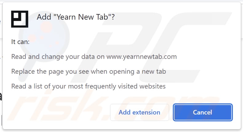 Permissões pedidas pelo sequestrador de navegador Yearn New Tab