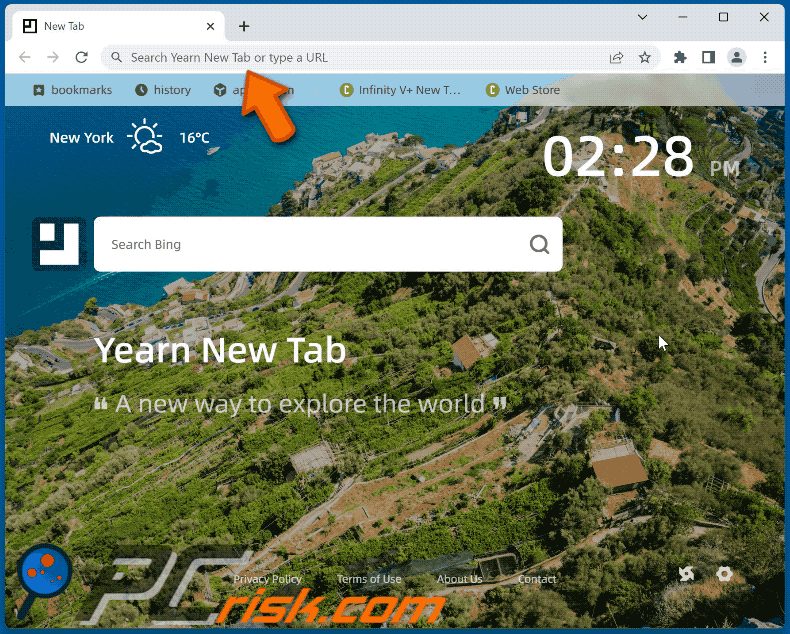 Sequestrador de navegador Yearn New Tab promove o bing