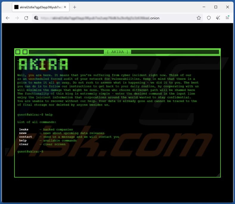 Página de vazamento de dados do ransomware Akira
