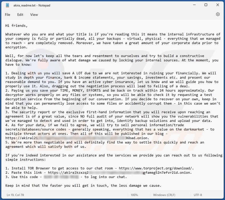 Ficheiro de texto do ransomware Akira (akira_readme.txt)