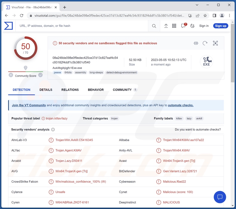 Detecções do malware AuKill no VirusTotal