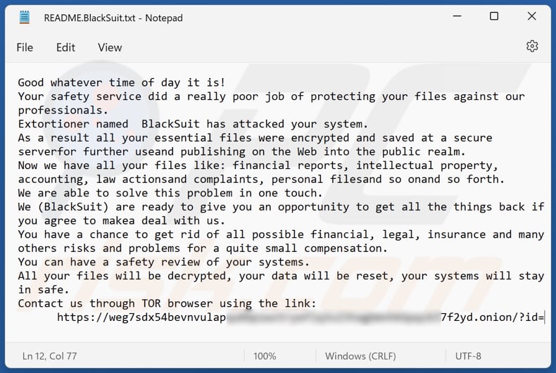 Ficheiro de texto do ransomware BlackSuit (README.BlackSuit.txt)
