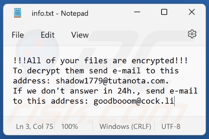 Ficheiro de texto do ransomware BOOM (Phobos) (info.txt)