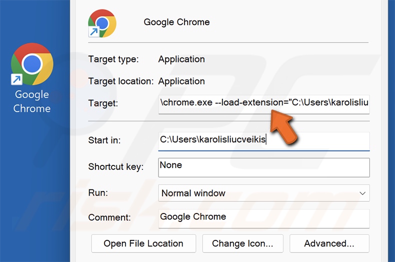 LNK file modified by Chromium Extension-Loading Shortcut Virus