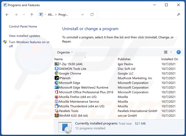 Software uninstall via Control Panel