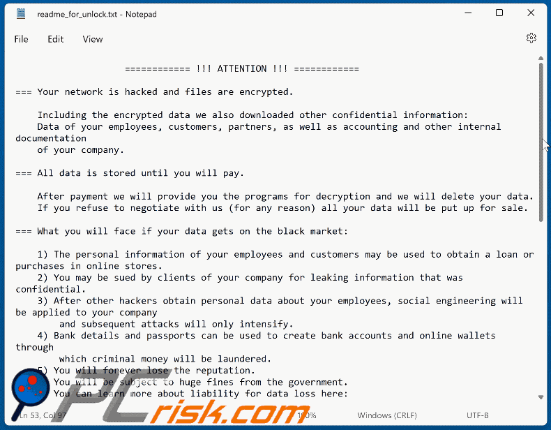 Nota de resgate do ransomware crYptA3 (readme_for_unlock.txt)
