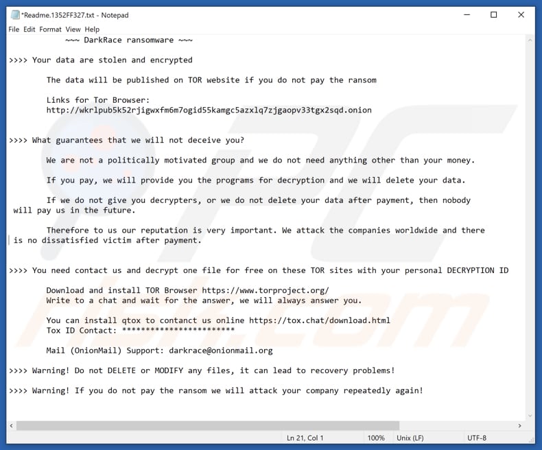 Ficheiro de texto do ransomware DarkRace (Readme.1352FF327.txt)