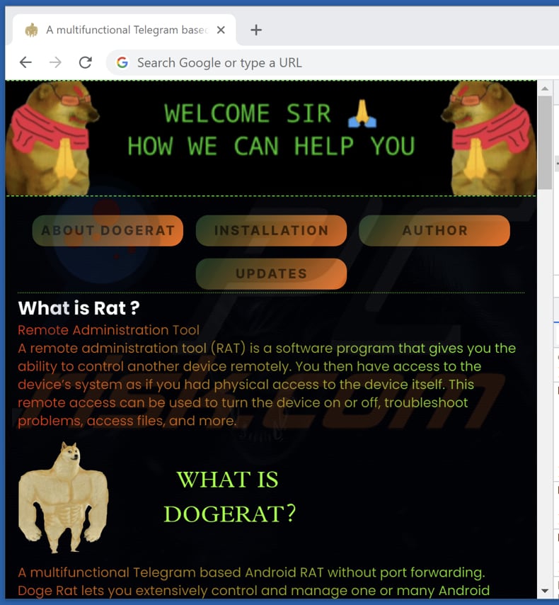 Site de promoção do malware DogeRAT