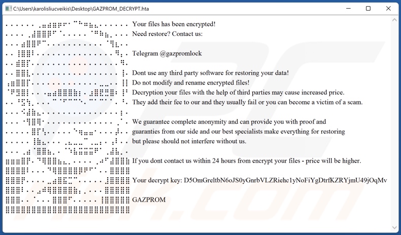 Ficheiro html do ransomware GAZPROM (DECRYPT_GAZPROM.html)