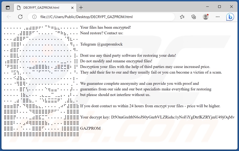 Nota de resgate do ransomware GAZPROM (GAZPROM_DECRYPT.hta)