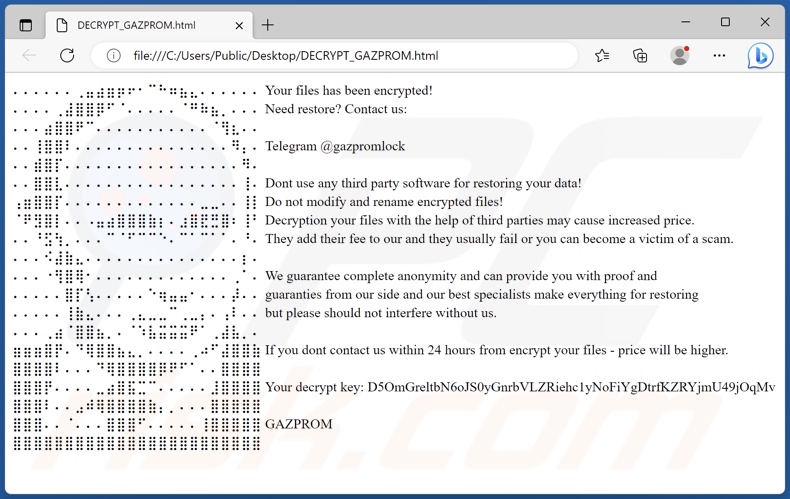 Nota de resgate do ransomware GAZPROM (GAZPROM_DECRYPT.hta)