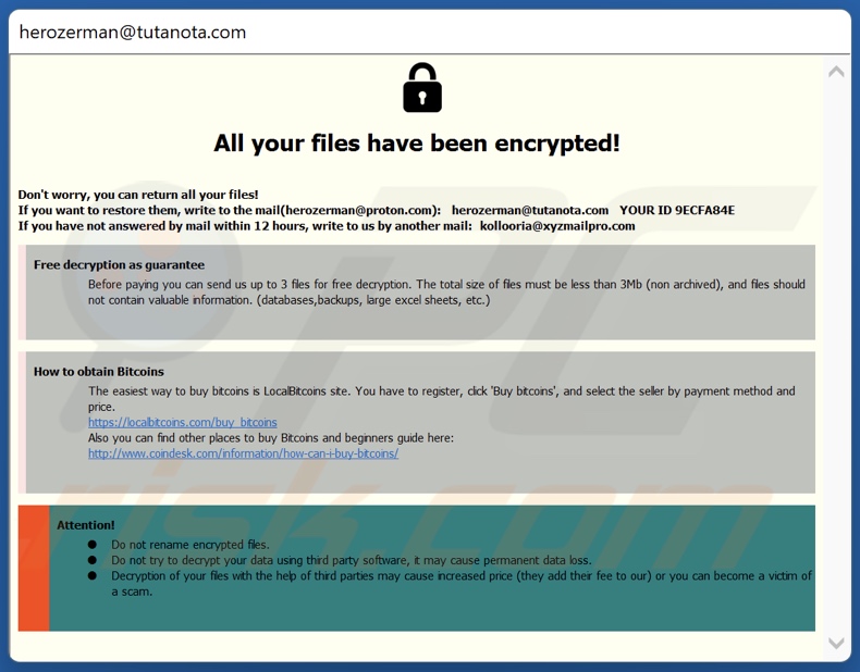 Nota de resgate do ransomware H3r (janela pop-up)