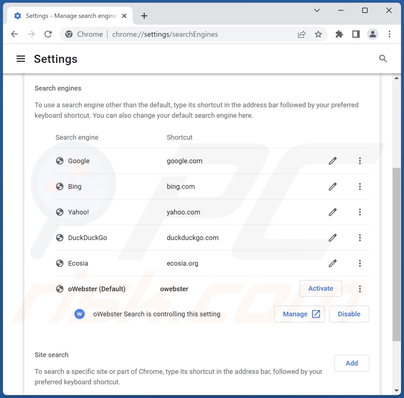 Remoção do motor de pesquisa pré-definido do owebsearch.com do Google Chrome