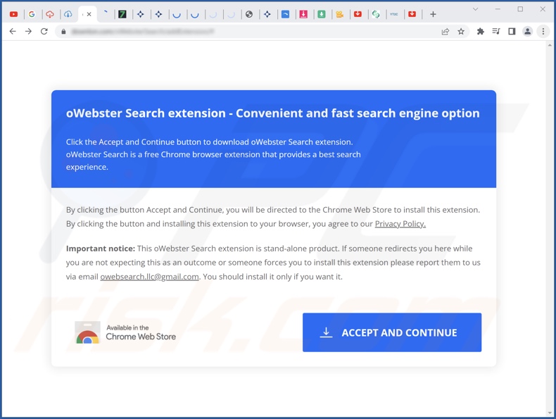 Site fraudulento usado para promover o sequestrador de navegador oWebster Search