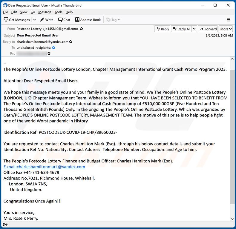 Peoples Postcode Lottery fraude email (2023-05-03)