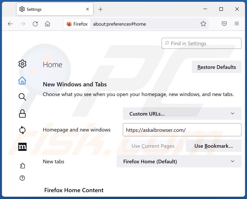 Removendo askaibrowser.com da página inicial do Mozilla Firefox