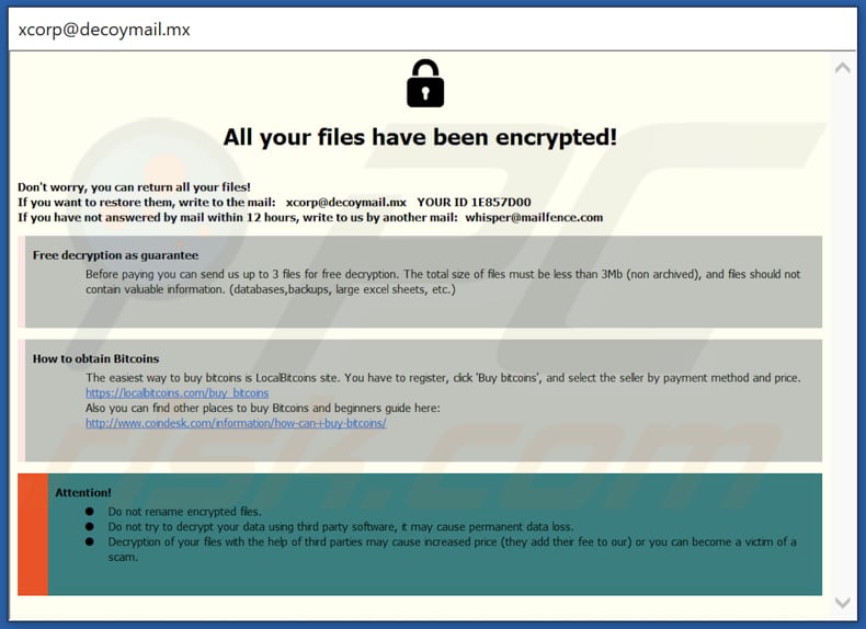 Nota de resgate do ransomware xCor numa janela pop-up