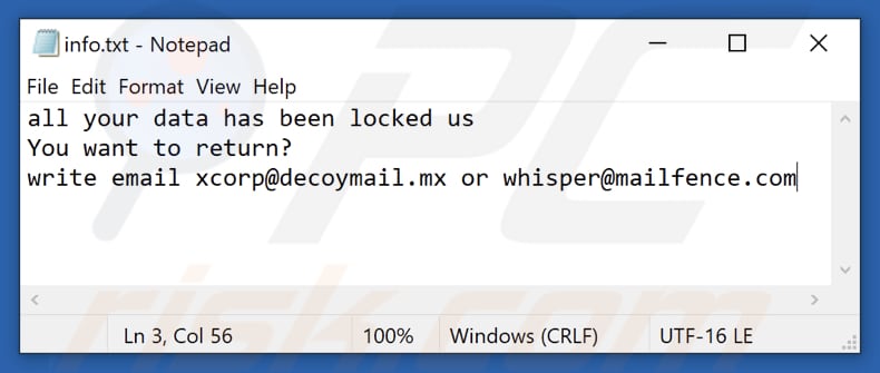Ficheiro txt do ransomware xCor (info.txt)