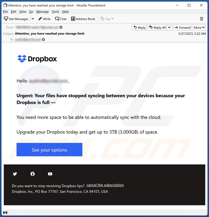 campanha de spam Dropbox Is Full email
