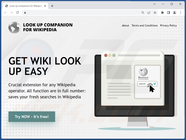 Site usado para promover o sequestrador de navegador Lookup for Wikipedia