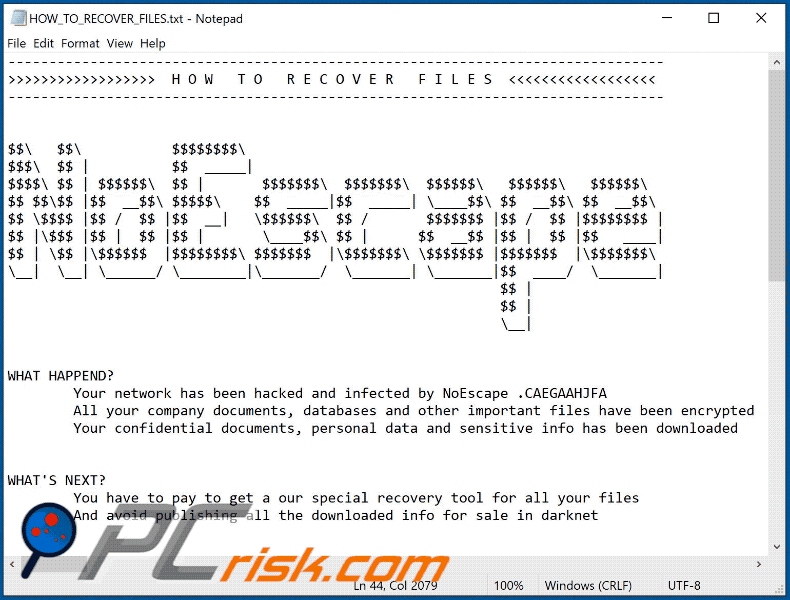 Nota de resgate do ransomware NoEscape HOW_TO_RECOVER_FILES.txt gif