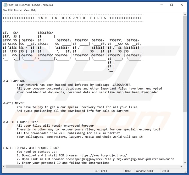 Ficheiro de texto do ransomware NoEscape (HOW_TO_RECOVER_FILES.txt)