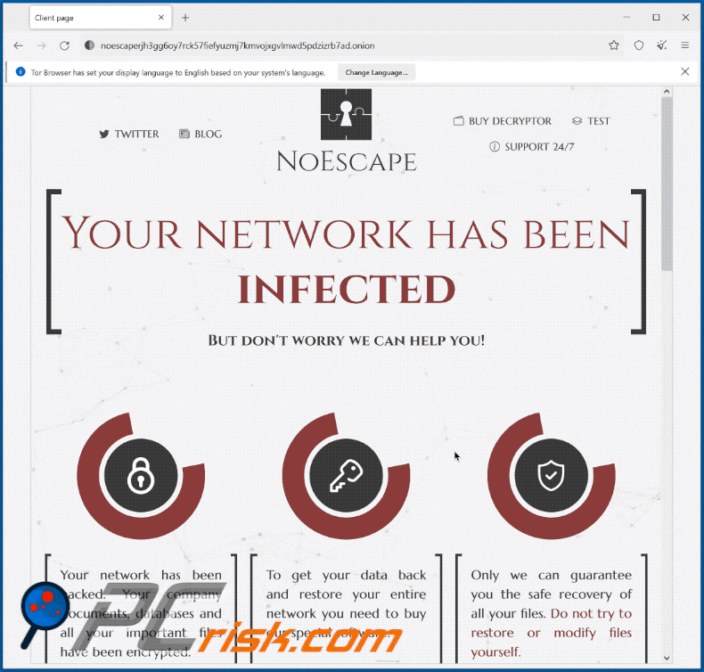 Aparência do site Tor do ransomware NoEscape (GIF)