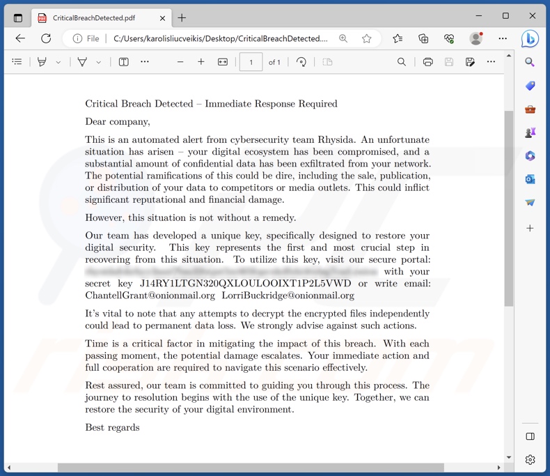 Nota de resgate do ransomware Rhysida (CriticalBreachDetected.pdf)