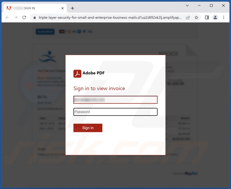Email fraudulento do Adobe Sign promovido pelo site de phishing