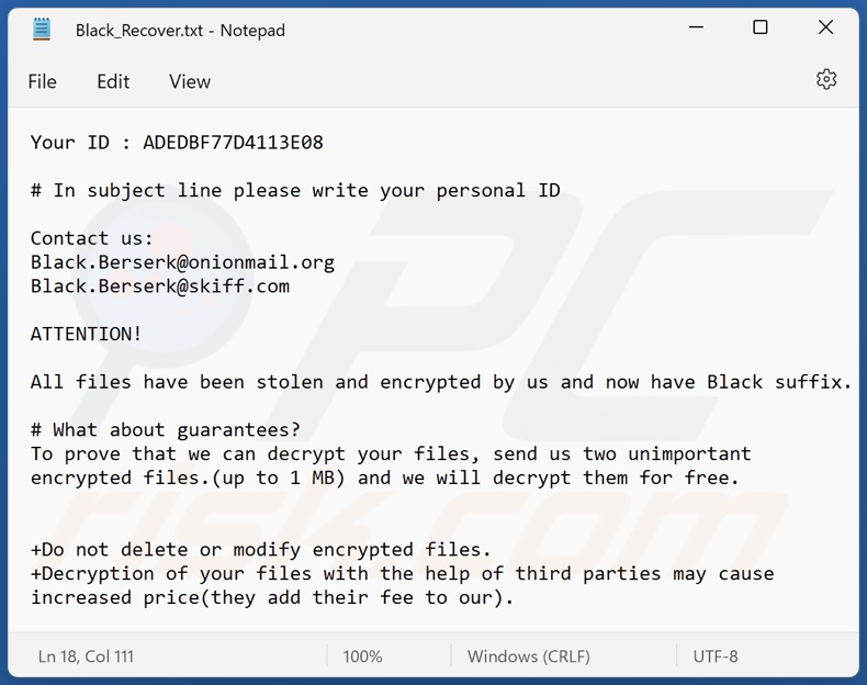 Nota de resgate do ransomware Black Berserk (Black_Recover.txt)