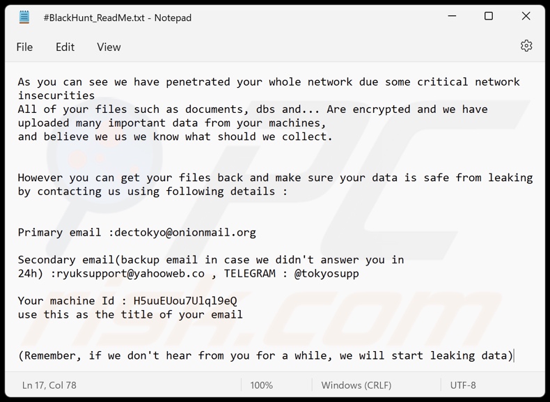 Ficheiro de texto do ransomware Black Hunt 2.0 (#BlackHunt_ReadMe.txt)