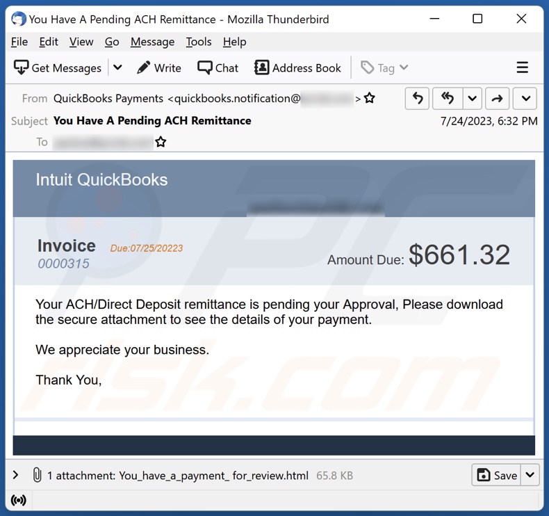 Campanha de spam por email do Intuit QuickBooks Invoice