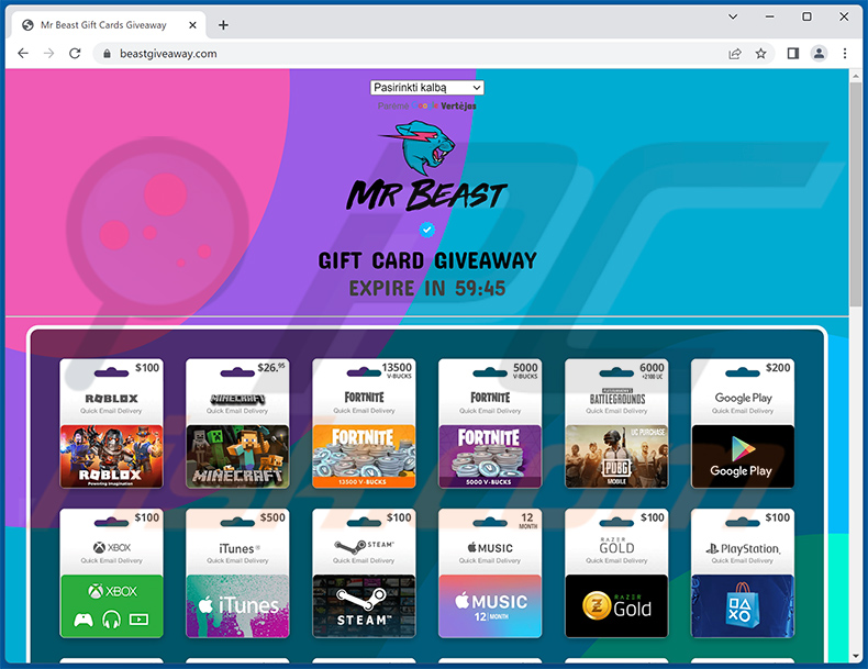 Outro site que promove a fraude Mr Beast GIFT CARDS GIVEAWAY