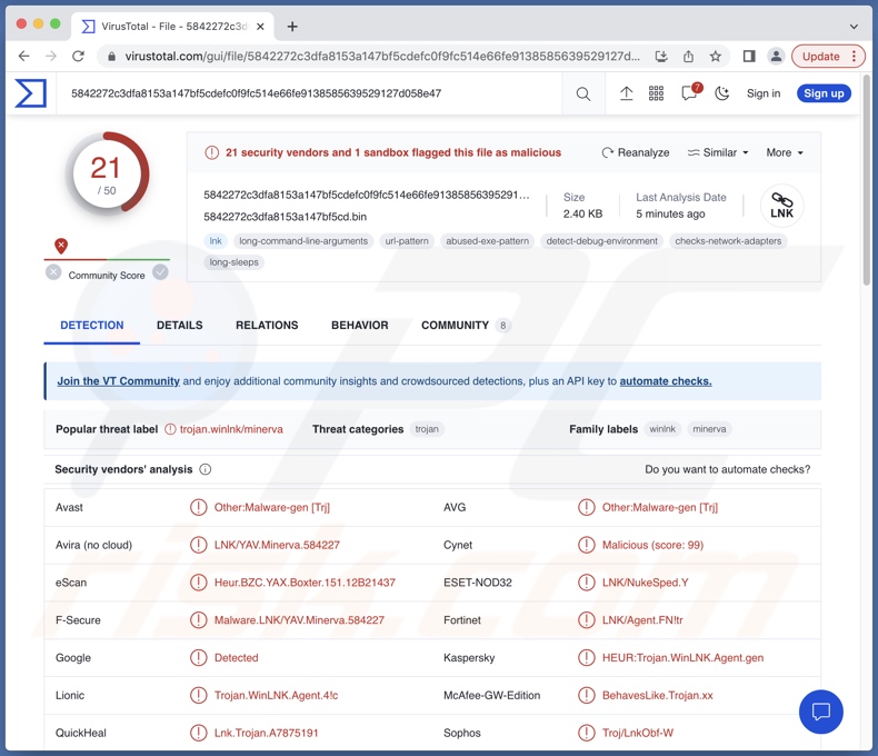 Detecções do malware NokNok no VrusTotal