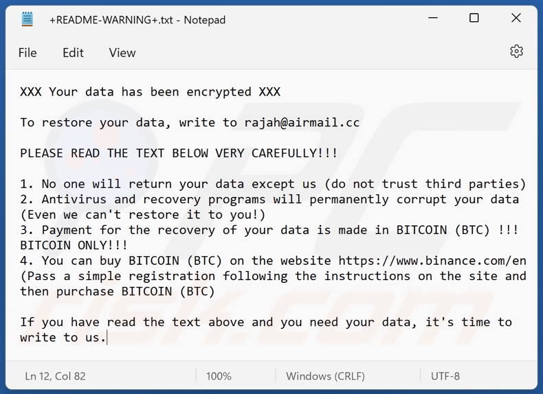 Nota de resgate do ransomware Rajah (+README-WARNING+.txt)