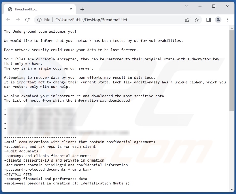 Nota de resgate do ransomware Underground Team (!!readme!!!.txt)