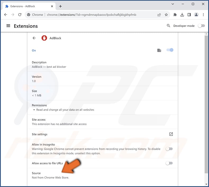 Detalhes da extensão do adware AdBlock