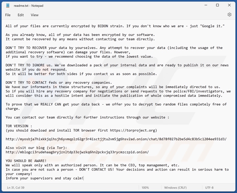 Nota de resgate do ransomware BIDON (readme.txt)