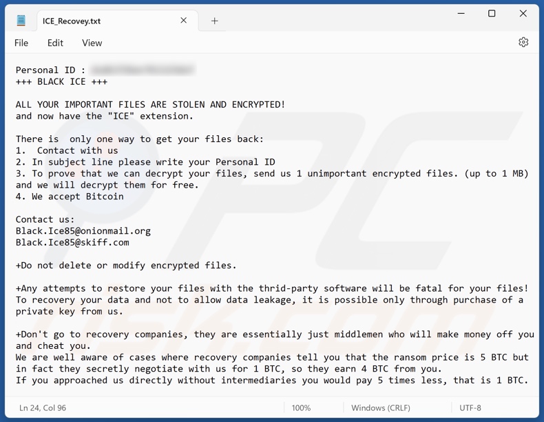 Nota de resgate do ransomware BLACK ICE (ICE_Recovey.txt)
