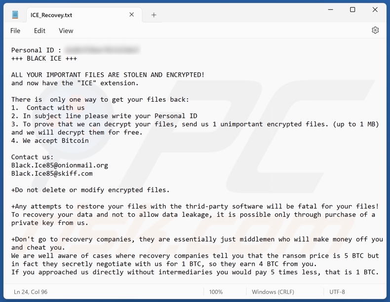 Nota de resgate do ransomware BLACK ICE (ICE_Recovey.txt)