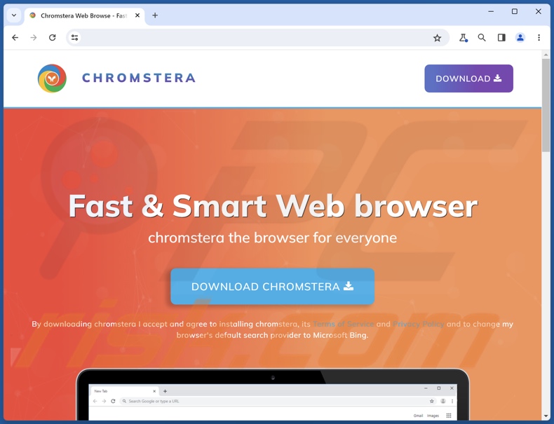 Site que promove o navegador Chromstera