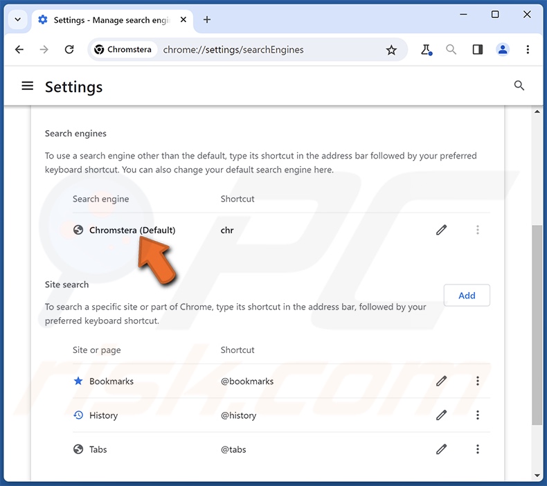 Definições do motor de pesquisa indesejado do navegador Chromstera