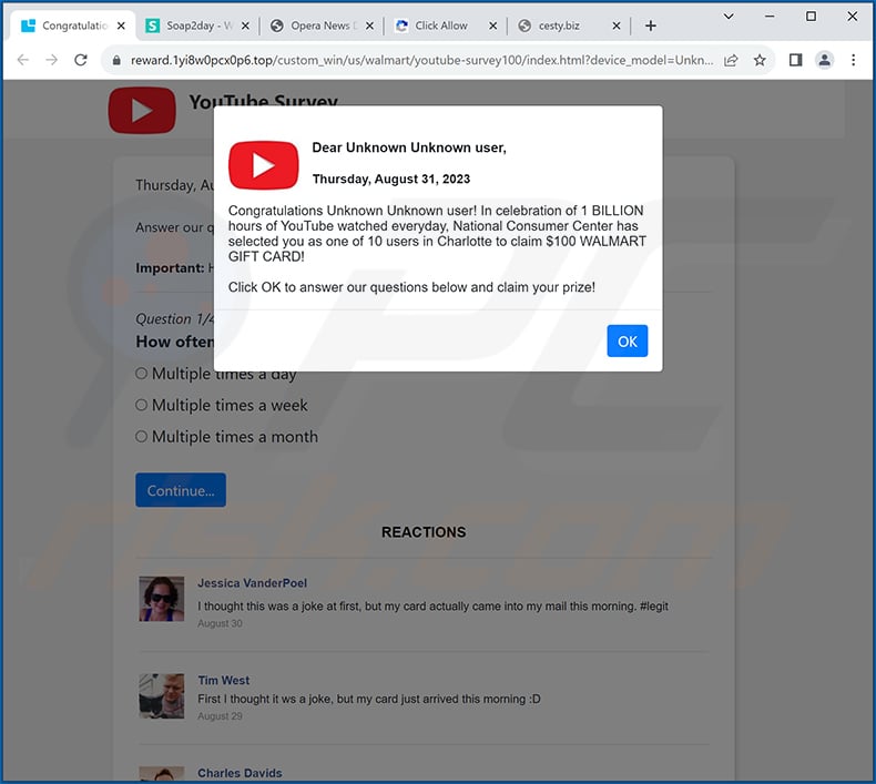 fraude pop-up Dear YouTube user, Congratulations! (2023-08-31)