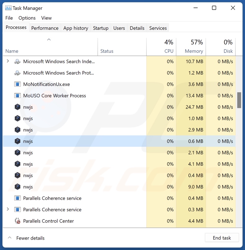 Processo do adware Designer no Gestor de Tarefas (nwjs - nome do processo)