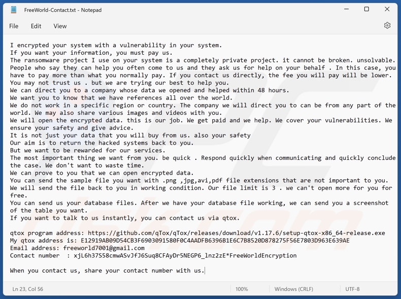 Nota de resgate do ransomware FreeWorld (FreeWorld-Contact.txt)