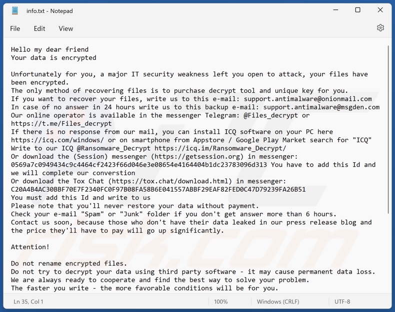 Ficheiro de texto do ransomware G-STARS (Phobos) (info.txt)
