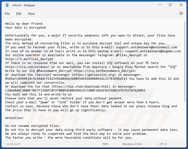 Ficheiro de texto do ransomware G-STARS (Phobos) (info.txt)