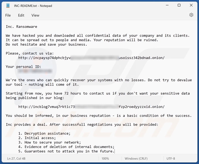 Nota de resgate do ransomware INC (INC-README.txt)