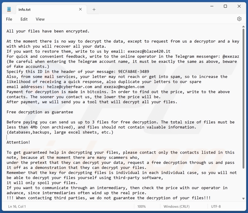 Ficheiro de texto do ransomware Kmrox (info.txt)