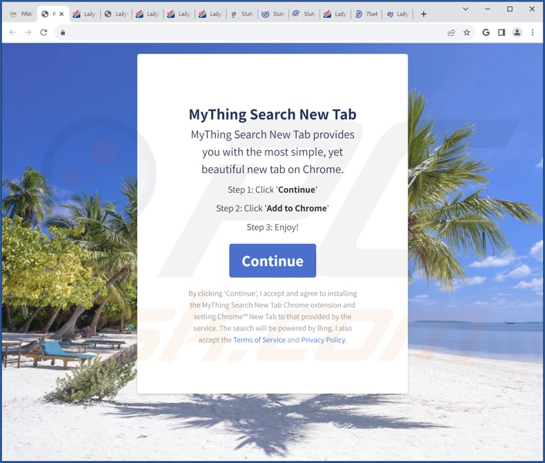 O site utilizado para promover o sequestrador de navegador MyThing Search New Tab
